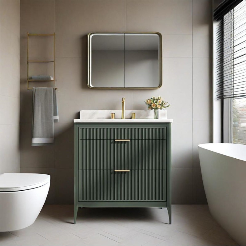 30“ Freestanding Single Sink Bathroom Vanity With 2 Handle Sets And Engineered Marble Top - Fully Assembled, Green, Gold, 39"