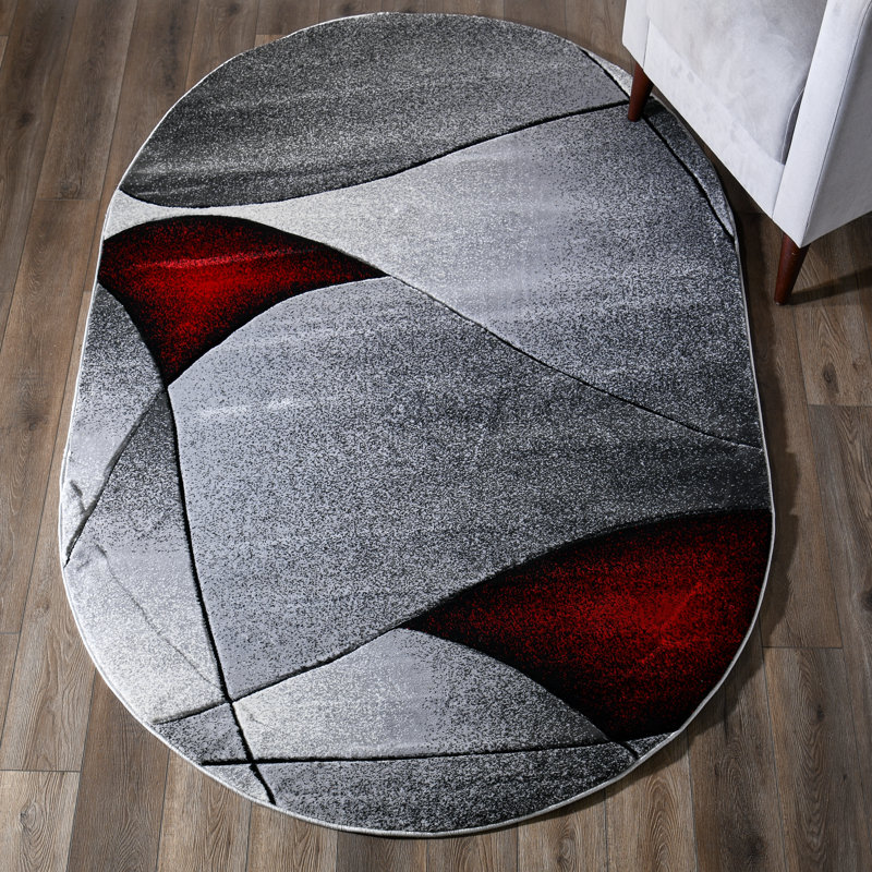 Adonia Abstract Gray/Red Area Rug, Oval 5'2" x 7'5"