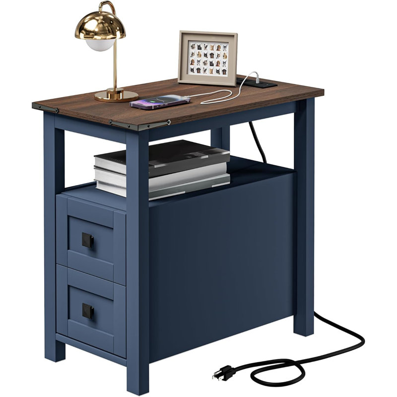 Table de chevet Farmhouse avec station de charge et 2 tiroirs de rangement, table de chevet avec porte de grange et tablette, table d'appoint rustique pour chambre à coucher, salon, canapé