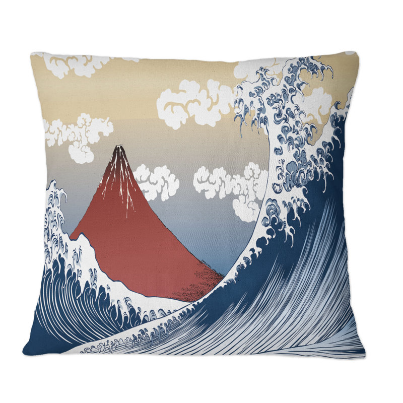 Vague et montagne japonaises traditionnelles rétro - coussin décoratif imprimé traditionnel, 18 po x 18 po