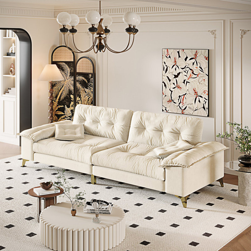 Canapé moderne 4 places Cloud avec larges accoudoirs amovibles, canapé capitonné avec pieds en métal, Beige