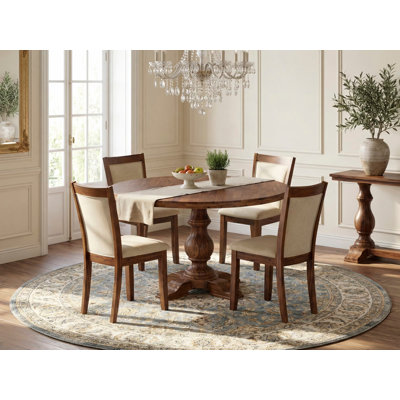 Ensemble de table de cuisine 5 pièces comprenant une table à piédestal et 4 chaises de cuisine en lin beige clair avec dossier rembourré - Noyer antique