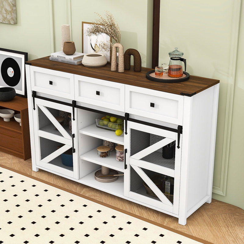 Modern Industrial Buffet Cabinet with Sliding Barn Doors, Adjustable Shelves, White