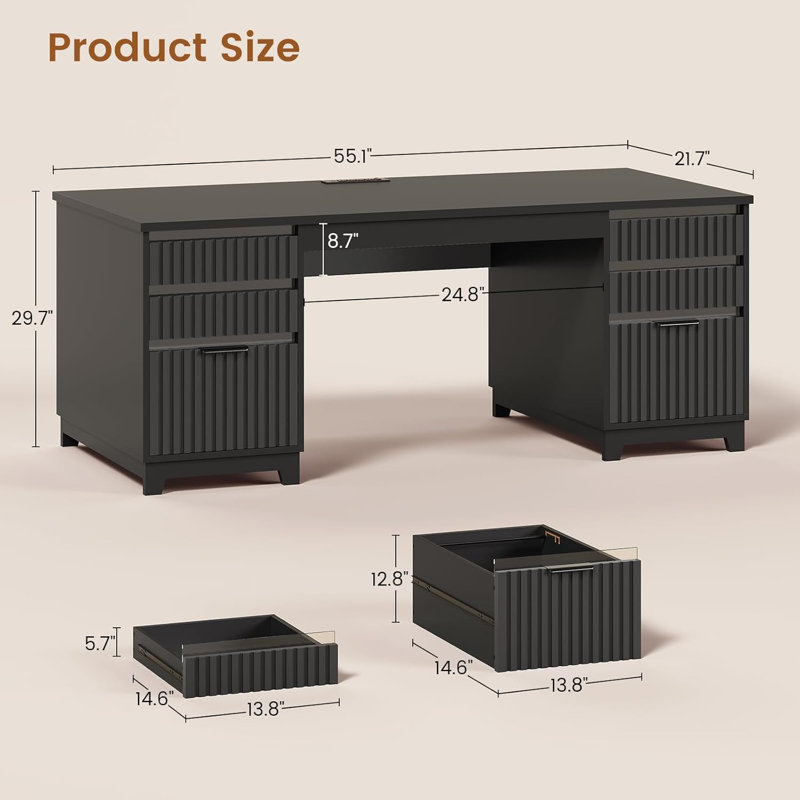  Rachmiel 55.1" Fluted Office Desk with 6 Drawers, Modern Executive Desk, Black