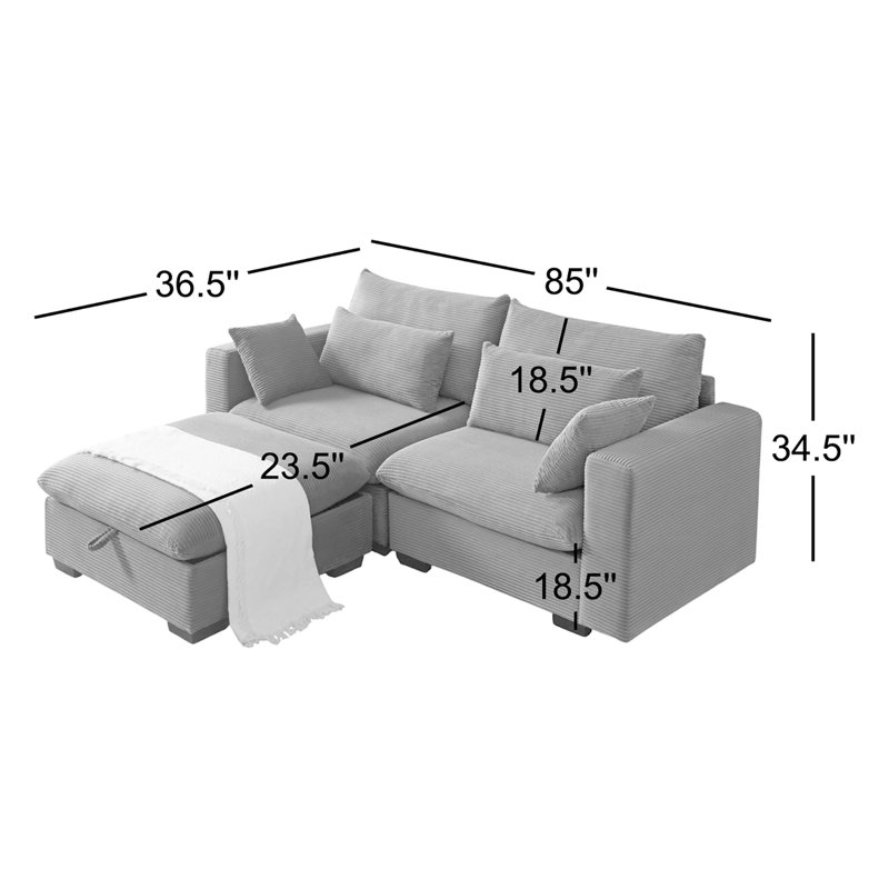 Canapé modulaire avec repose-pieds réversible Ablo, Velours côtelé gris pâle