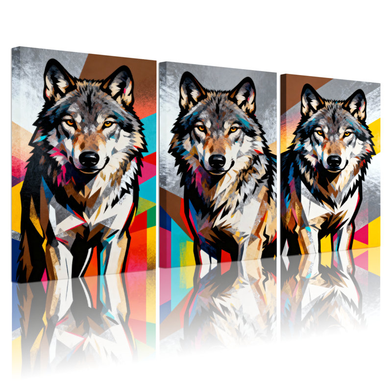 Animaux, loup coloré, triptyque d'art, ensemble de 3 impressions sur toile, H 18 po x l 36 po