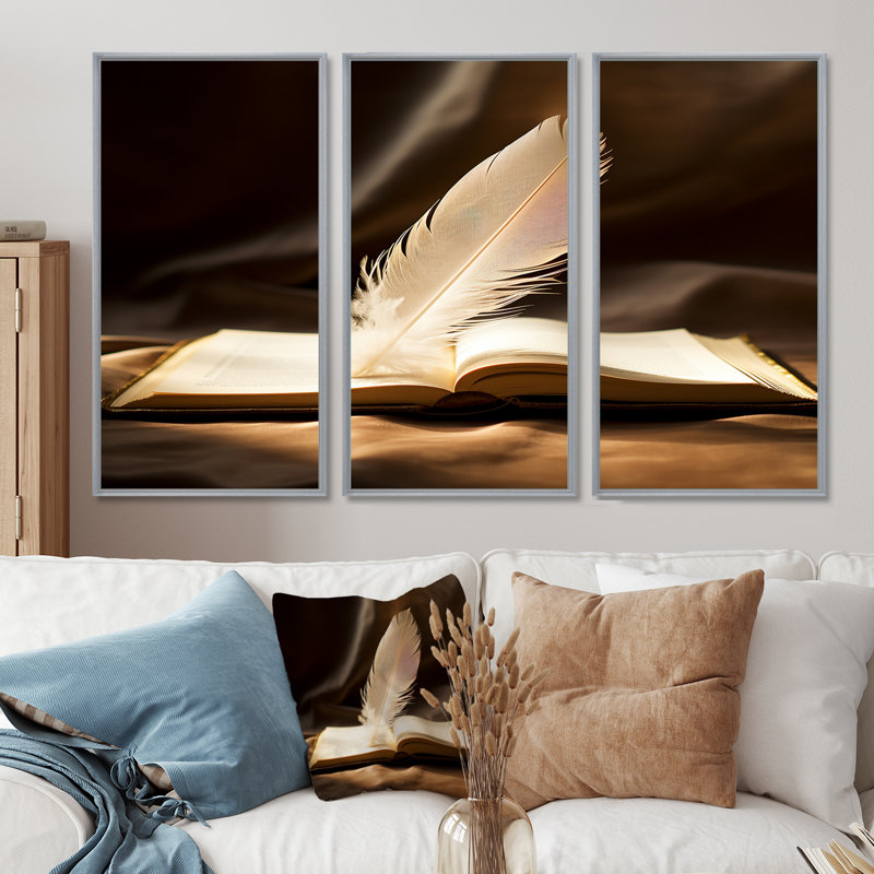 Jago - Feathers Wall Art Living Room Set, Silver Floater Framed, 32" H x 48" W x 1" D