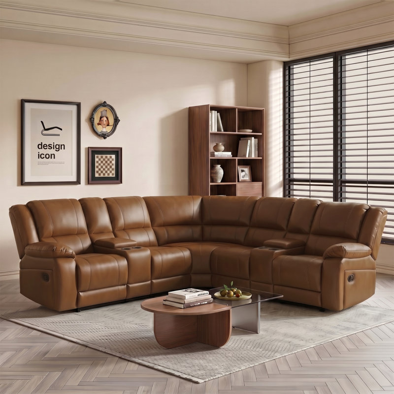 Lasceau 109" Wide Modular Sectional Faux Leather Reclining Sectional Sofa with Storage Console Cup Holders