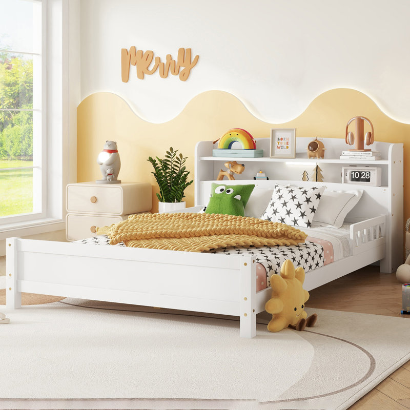Solid Wood Platform Bed With Bookcase Headboard, Footboard, Adjustable Guardrails, Led Sensor Light, Blanc, Lit double