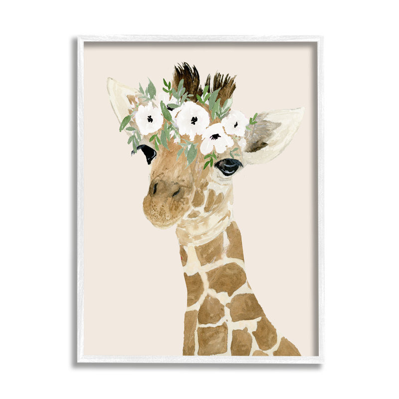 Mignon bébé girafe, couronne florale, enfants, safari, impression, Giclée encadrée blanc bord de mer