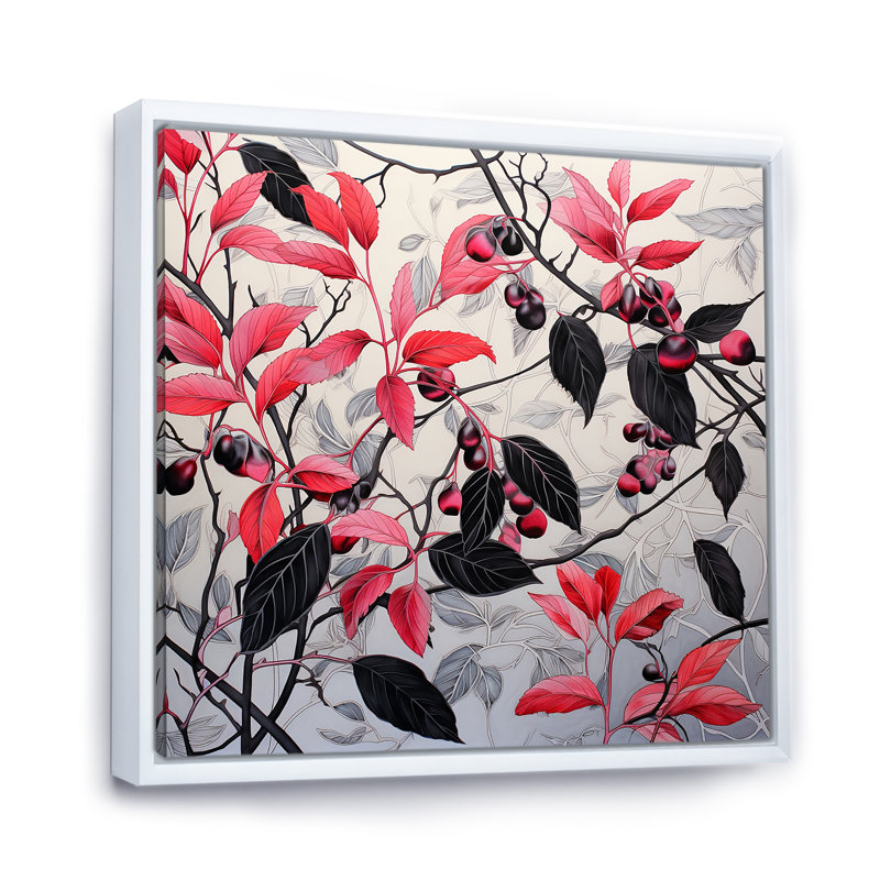 Feuilles botaniques rouges et noires minimalistes II, H 24 po x l 24 po x P 1 po, Cadre flottant blanc