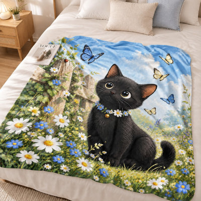 1Pcs Joli chat noir avec une couverture de flanelle à imprimé de papillons - Conception éclatante; confortable et chaud, lavable à la machine à une seule face, parfait pour la décoration intérieure, pour les amateurs de cadeaux. Literie et articles de canapé