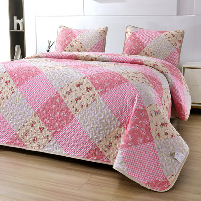 3 Pieces Pink Patchwork Floral Plaid Quilted Coverlet Set, Cottagecore Gingham Patchwork Lightweight Bedspread With 2 Pillow Shams, All‑season Bedding Set For King Size