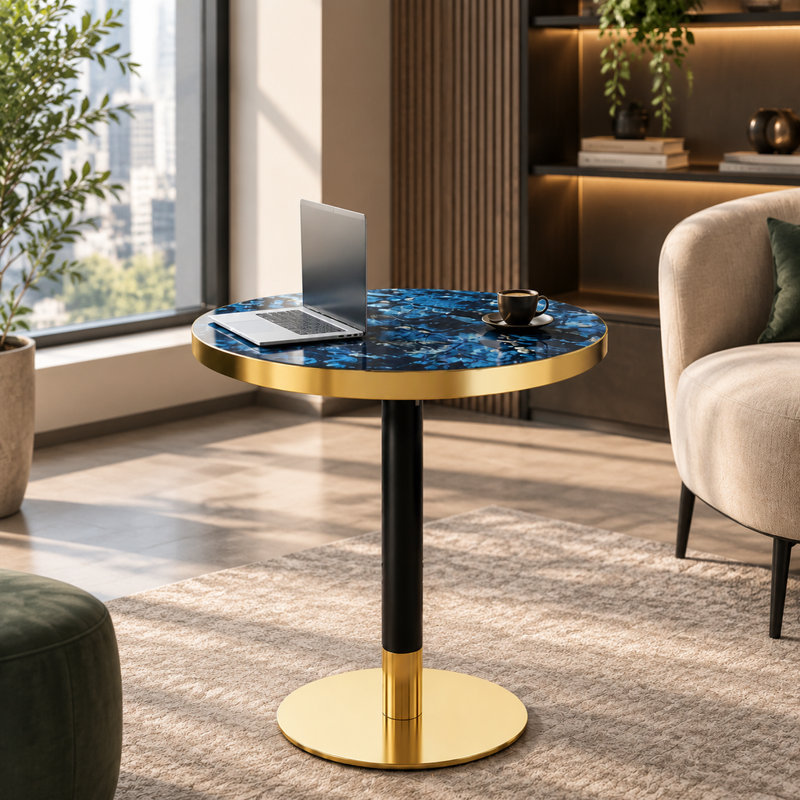 Table de bistro ronde de style années 50, table d'appoint bleu émeraude de 60 cm avec piètement en métal noir et doré