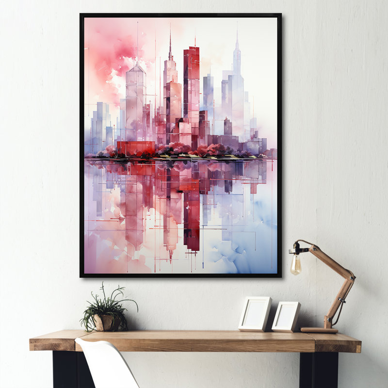 Rose et bleu gratte-ciel New York City II - gratte-ciel, art mural, Cadre flottant noir, 44" H x 34" W