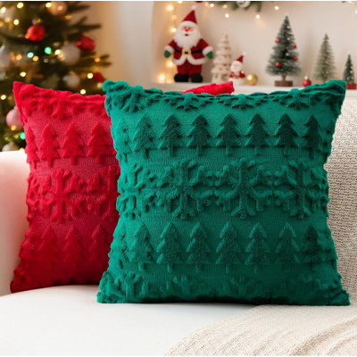Christmas Tree and Snowflake Faux Fur Throw Pillow Covers 18 x 18 Inch Set of 2, Red and Green Plush Holiday Cushion Cases