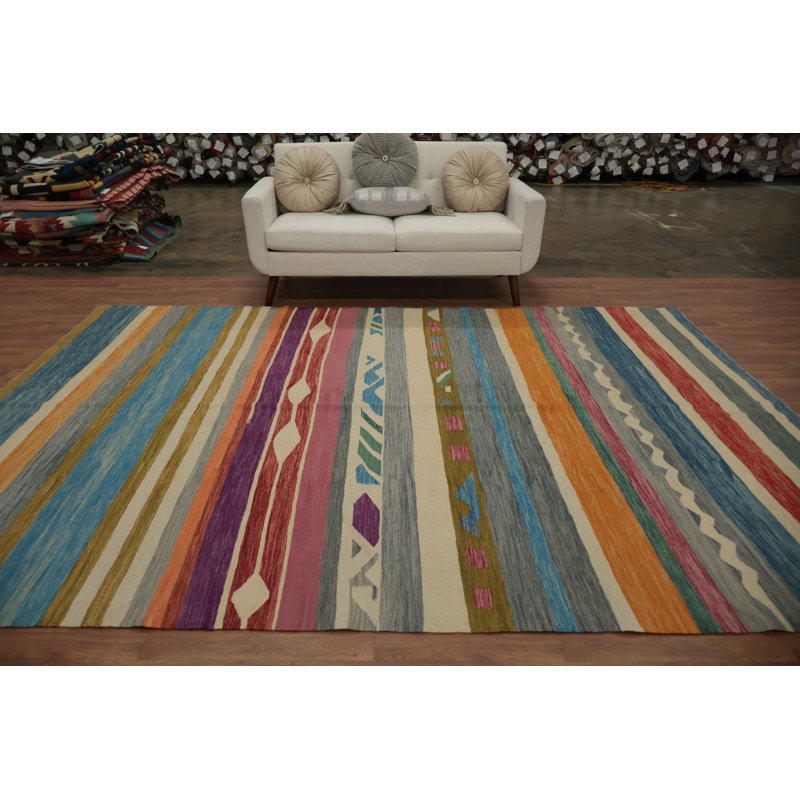 Tapis kilim tissé à la main 8 x 11 po avec rayures audacieuses