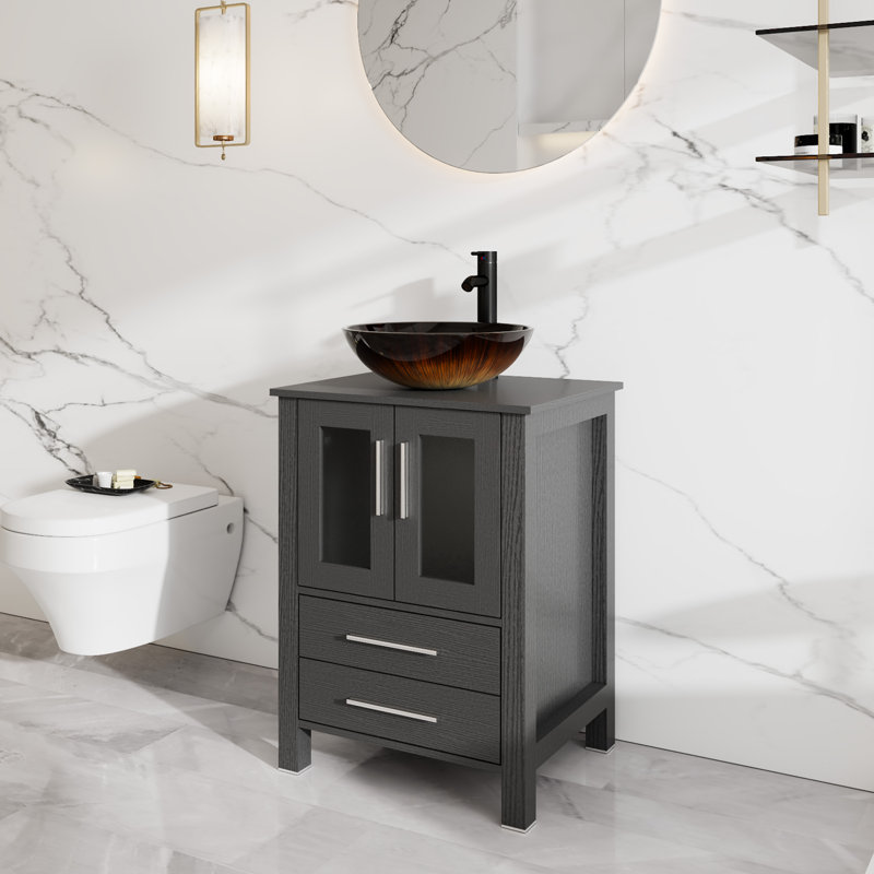 Ensemble de meuble-lavabo simple autoportant 24 po avec lavabo vasque, robinet et bonde escamotable 24 po