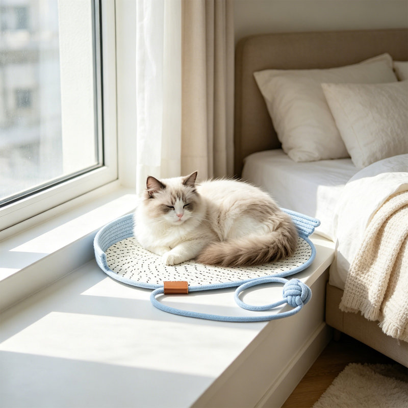 Tapis de lit pour animal de compagnie avec corde à gratter et corde rayée 15,7 x 21,7 po Summer Cool, Bleu clair