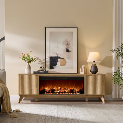 70” Modern Fluted TV Stand with 36” Electric Fireplace & Timer for Living Room