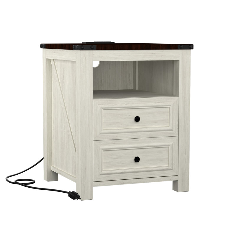 Nightstands With Charging Station, Rustic 18 Inch Bedside Table With 2 Storage Drawers And Open Shelf, Set of 2, White