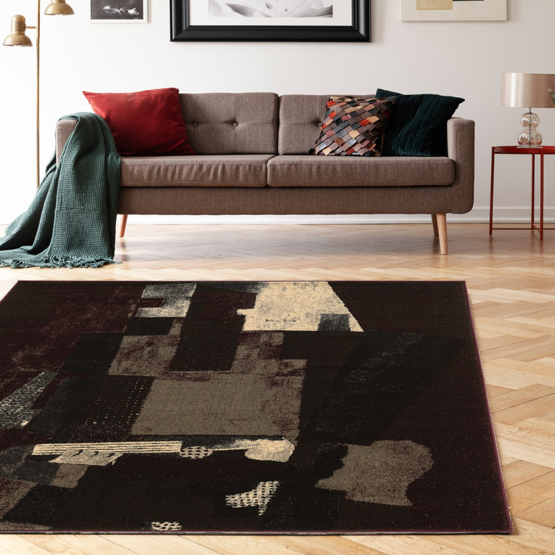 Tapis à motif abstrait noir / beige / gris Lindie, Rectangle 5 pi x 7 pi 6 po