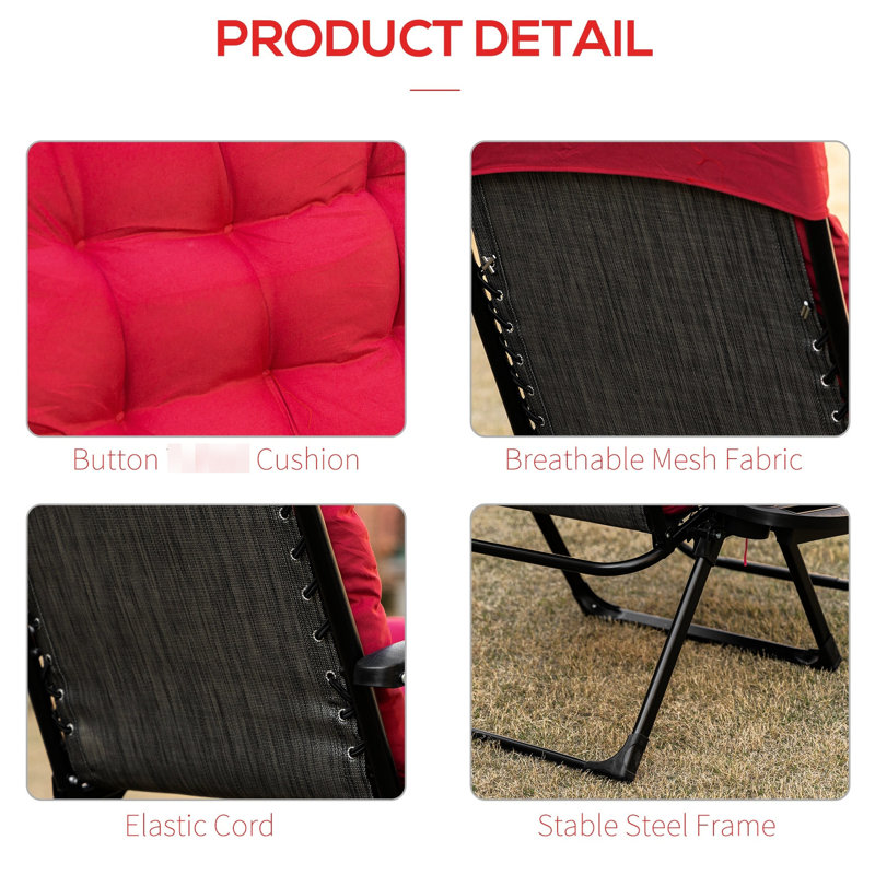 Chaise inclinable Zero Gravity avec coussin respirant et plateau latéral, capacité de charge de 264 lb, rouge pour chaise pliante intérieure et extérieure, gravité, armoire rembourrée, supportée,