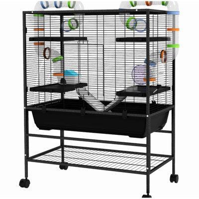Habitat pour petits animaux pour hamster et gerbille, système de tubulure, roue de course, plateformes, rampes, hutte, configuration d'alimentation par l'utilisateur, tablette à quatre roues, fabrication en acier avec système d'alimentation, cage fraîche