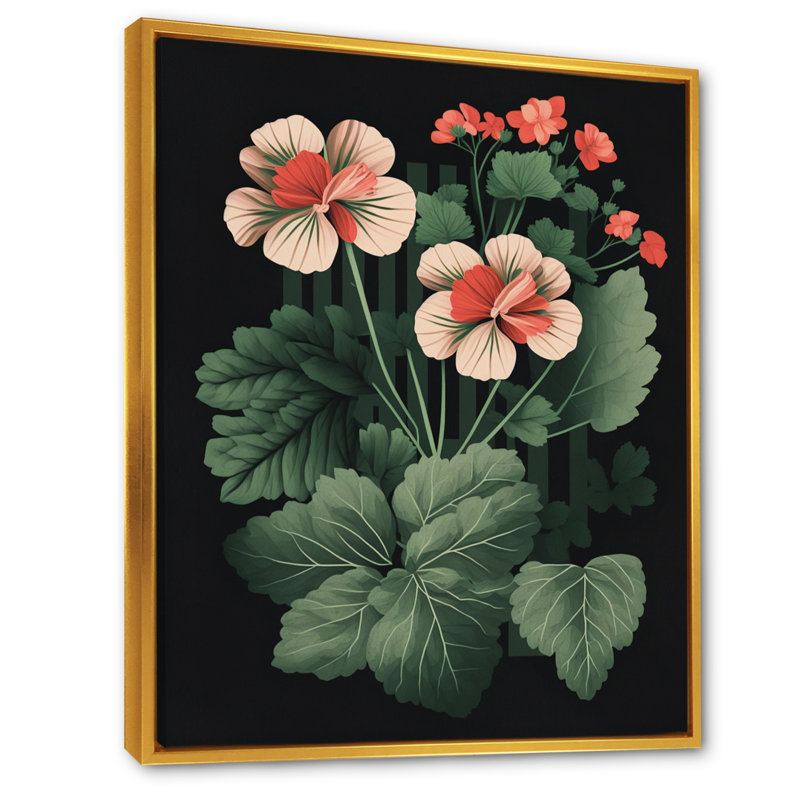 Rétro géranium en rouge et vert VI - Art mural sur toile florale, L 30 po x H 40 po, Toile avec cadre flottant or