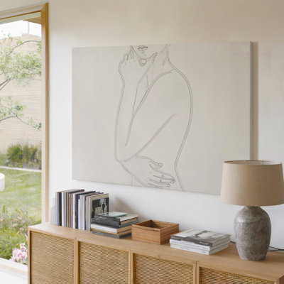 Art mural au mur, pensif, grâce, minimaliste, femme, dessin au trait, toile prête à accrocher