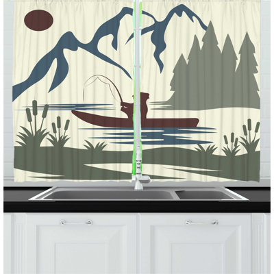 2 Piece Fishing Theme Abstract Man Angling on Boat Natural Motifs with Mountains Trees River Kitchen Curtain Set -  East Urban Home, 6B7FD4A964464B34AC9A6730315FE396