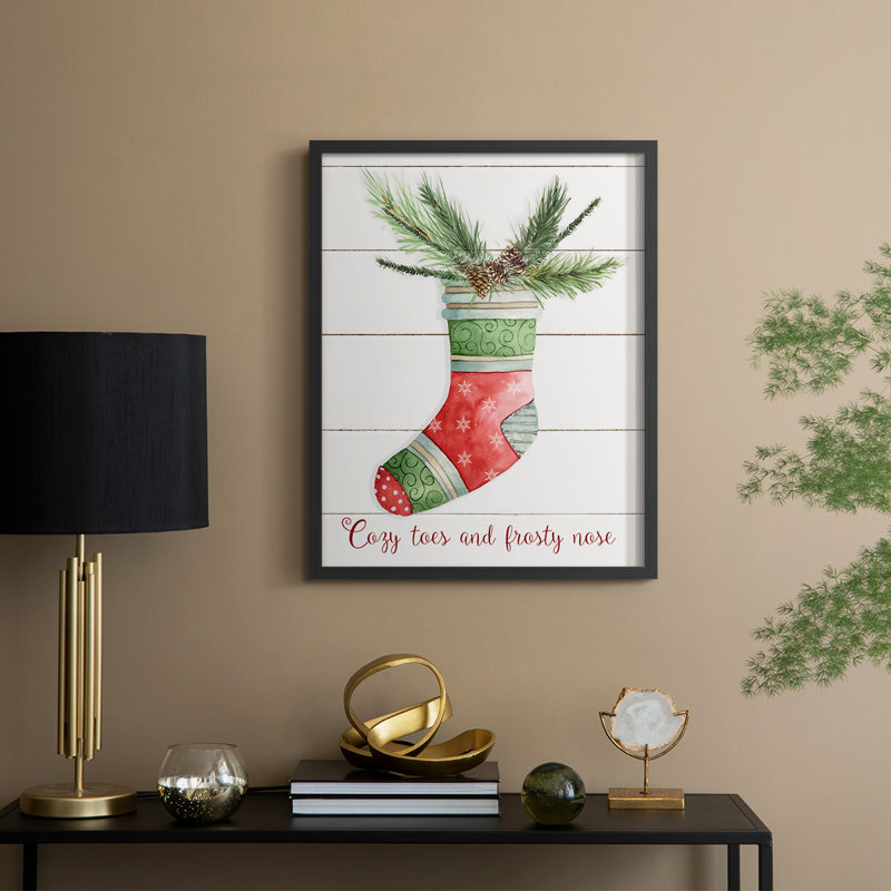 Comfy Cozy Stocking I, reproduction encadrée - bois massif, H 30 po x l 24 po, Noir, noir, noir, noir