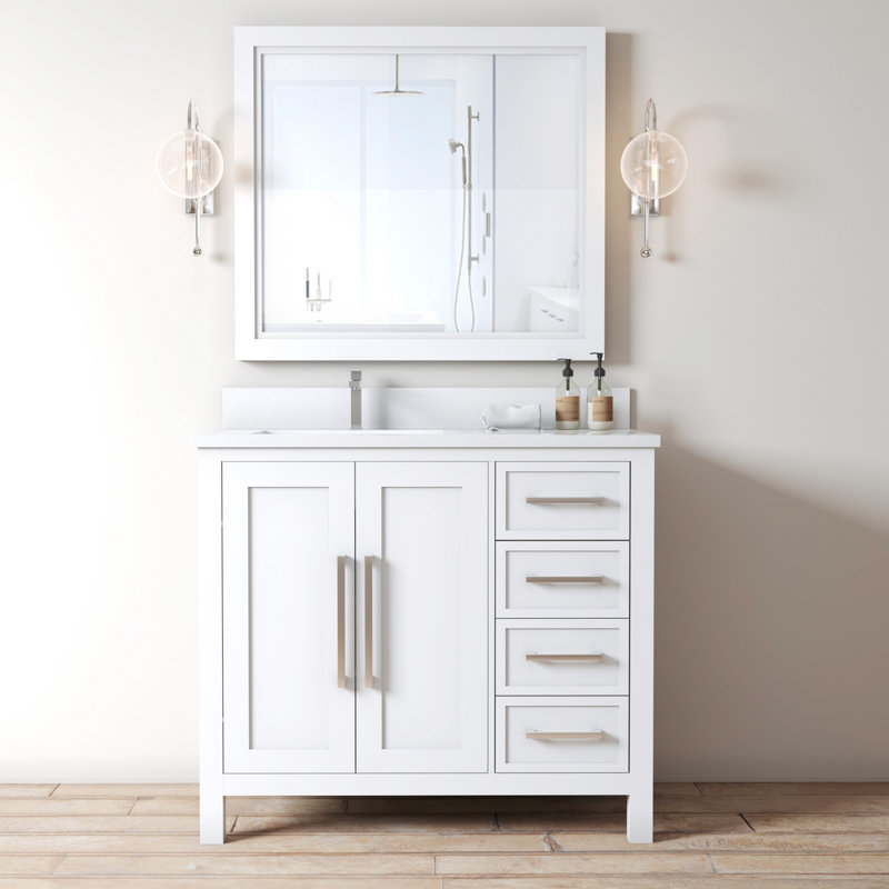 Merelus 36'' Single Bathroom Vanity with Quartz Top, White, White, Polished Chrome