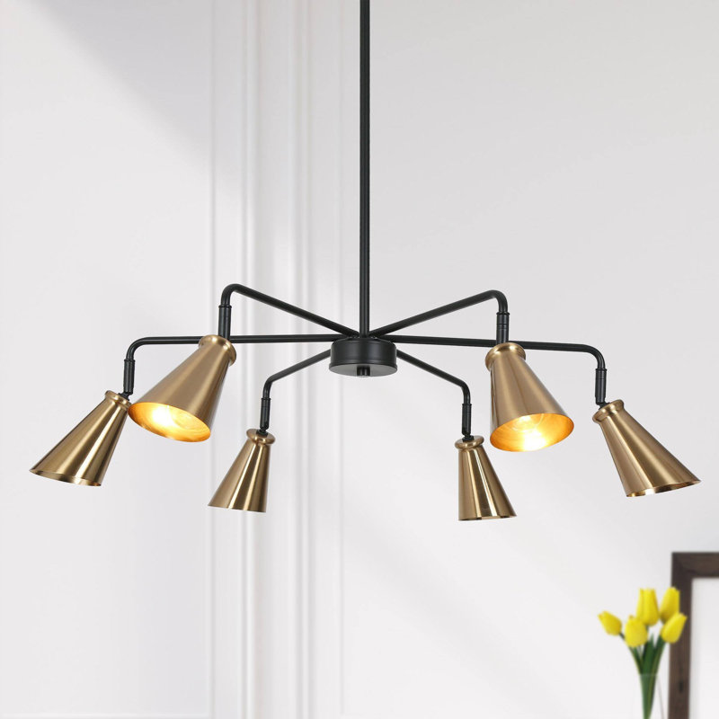 Lustre spoutnik moderne noir et or à 6 lumières Izell avec 4 tiges réglables en hauteur Izell