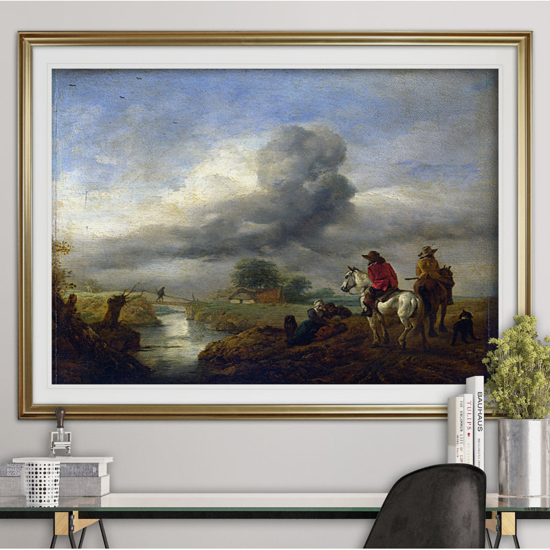 «Two Vedettes on The Watch by a Stream», impression, H 24 po x l 32 po x P 1,5 po, Cadre doré, Blanc mat
