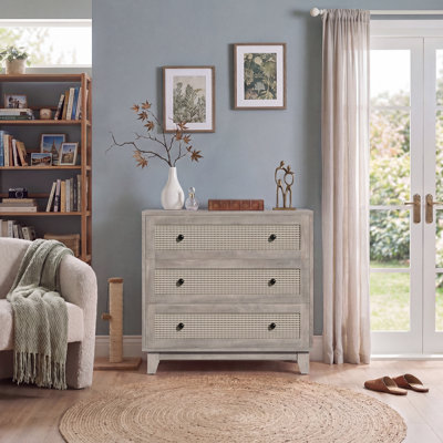 Commode 3 tiroirs, commode, poignées en bois Boho