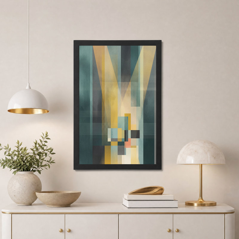 Tableau sur toile à rayures géométriques abstraites turquoise et moutarde, H 18 po x l 12 po