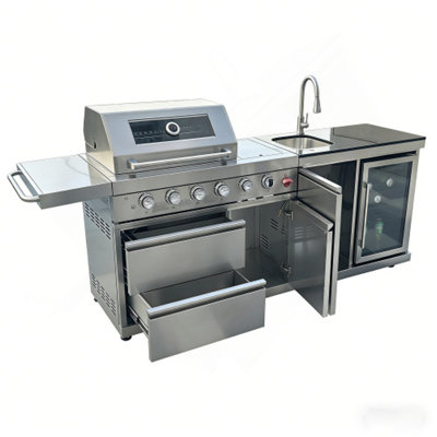 84-Inch Deluxe Stainless Steel Outdoor Kitchen Barbecue Island Grill, 6-Burner 75300 BTU, SS304 Material With Sink, Wine Cooler, Refrigerator, Granite Countertops & Rotisserie Kit, Silver