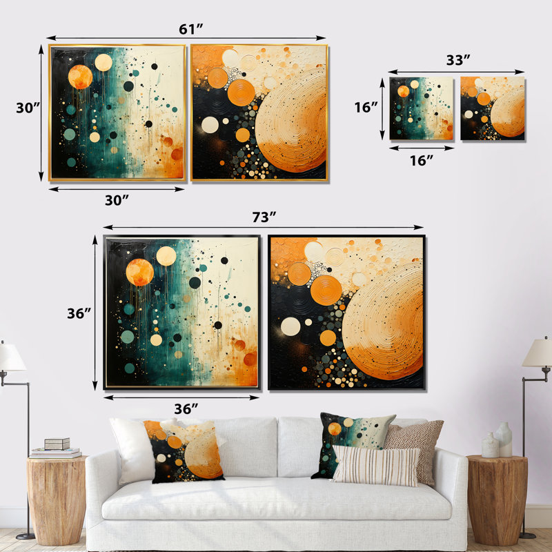 Ensemble de 2 collages carrés gris et orange Mid Century Minimalist Oasis, Cadre flottant noir, H 16 po x l 33 po