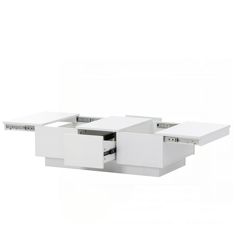 Table basse extensible rectangulaire en bois avec 2 grands compartiments de rangement cachés, Blanc