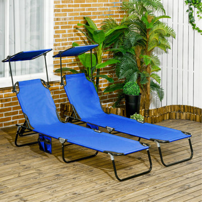 Folding Chaise Lounge Pool Chairs, Outdoor Sun Tanning Chairs With Canopy Shade, Reclining Back, Steel Frame And Side Pocket For Beach, Yard, Patio, Blue