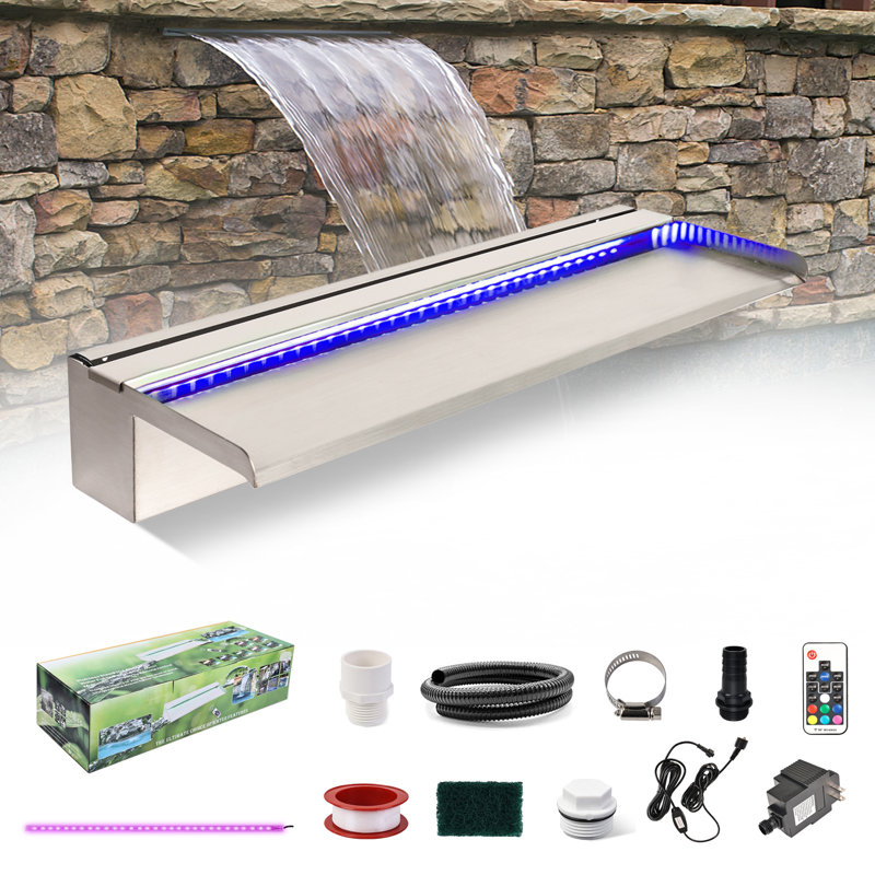 Pool Fountain, Stainless Steel Waterfall Spillway with Wider Water Flow Platform, Multi-Color LED Light & Spillway Cleaning Kit for Garden Outdoor Decoration 