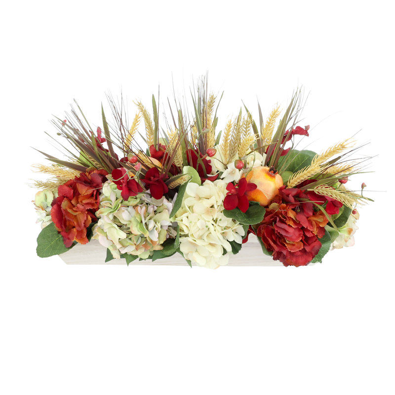 Fall Centerpiece With Hydrangeas, Pomegranates And Wheat