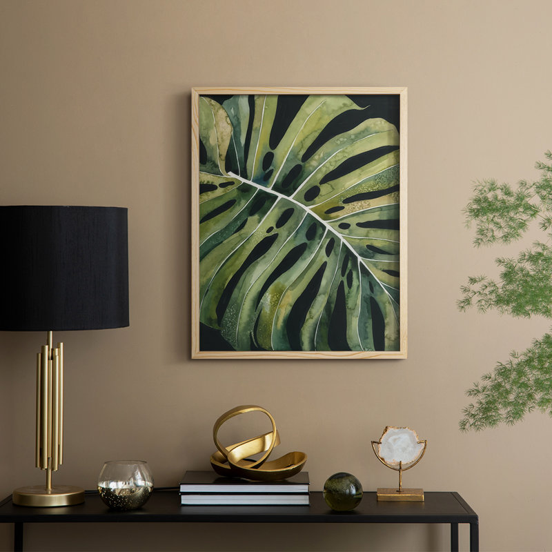 Nocturnal Monstera I, reproduction encadrée - bois massif, Naturel, H 15 po x l 12 po