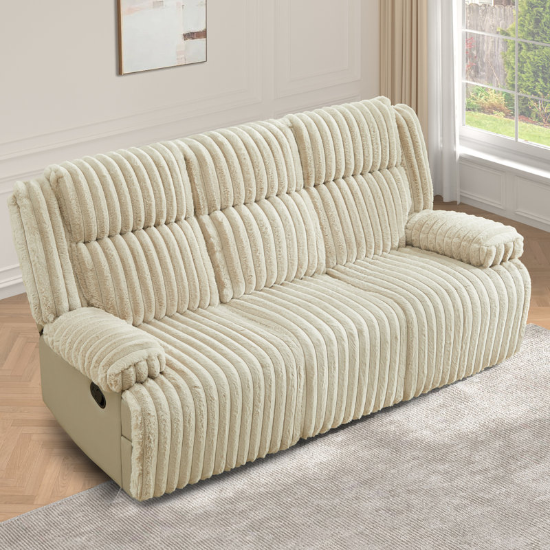 82.29"wide Pillow Top Arm Corduroy Upholstered Manual Double Reclining Sofa, Beige