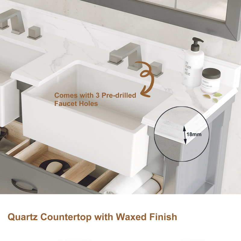 White Solid Wood Double Bathroom Vanity with Marble Top