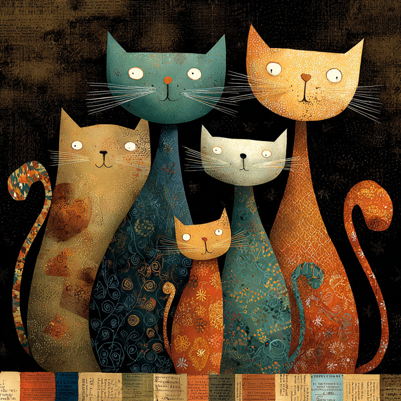 «Patchwork Cat Family», art mural sur toile tendue, H 40 po x l 40 po, 2