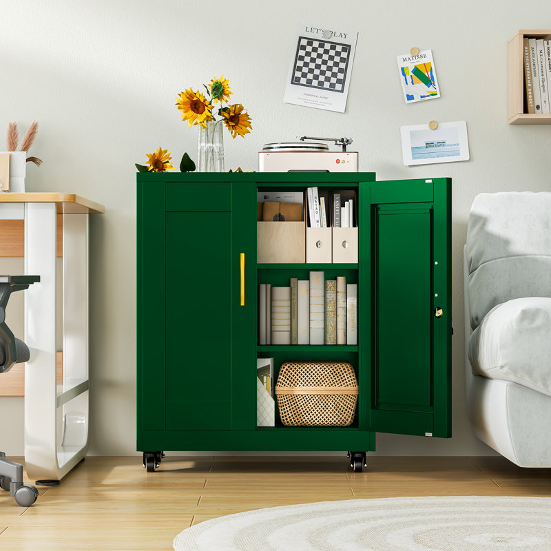 Ebern Designs Steel Modern Home Furniture Storage Organizer Cabinet With Doors & Adjustable Shelves, Green