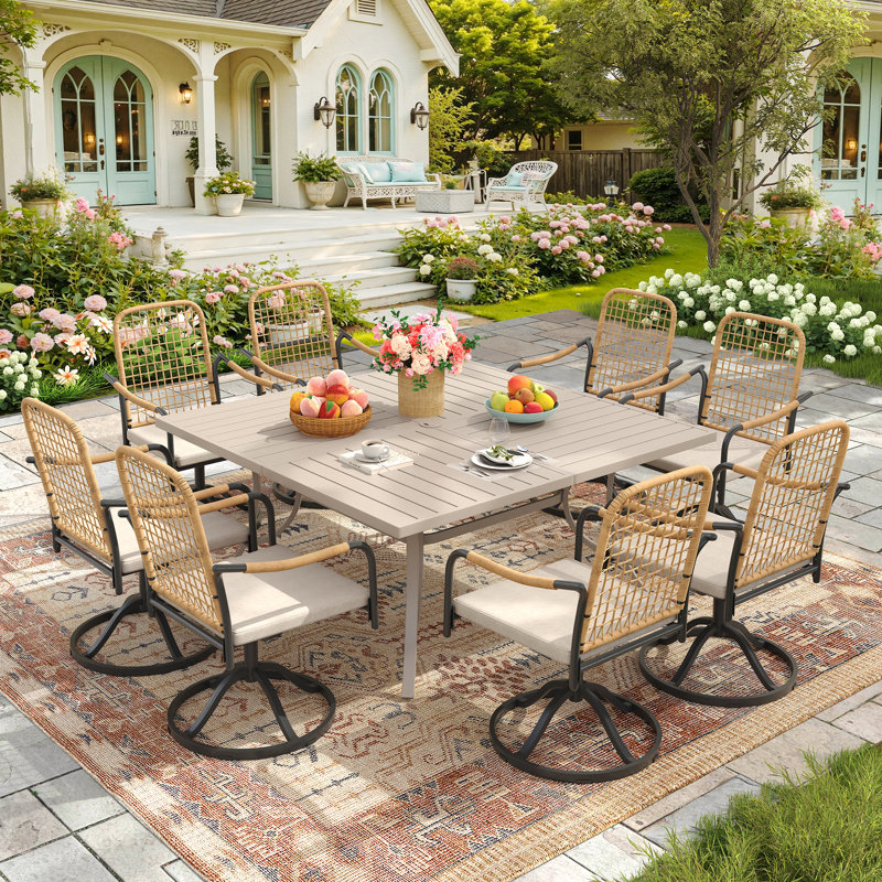 8-Person Square Outdoor Patio Dining Set With Swivel Armchair, Cream