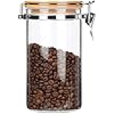 Clear Borosilicate Glass Food Storage Jar Canister Container With Airtight Locking Clamp Bamboo Lid,Coffee Bean,Loose Tea,Nut Container,Sealed Jar Hinged Lid For 16Oz Coffee Bean,40 Fluid-Oz